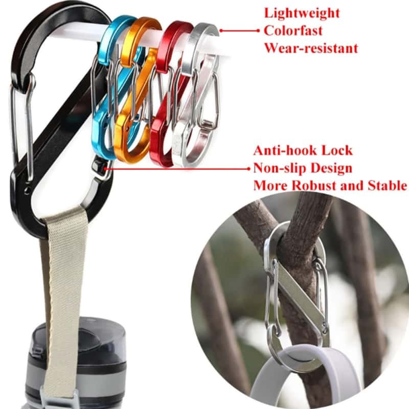 Aluminum carabiner keychain feature chart showing lightweight colorfast and anti-hook design