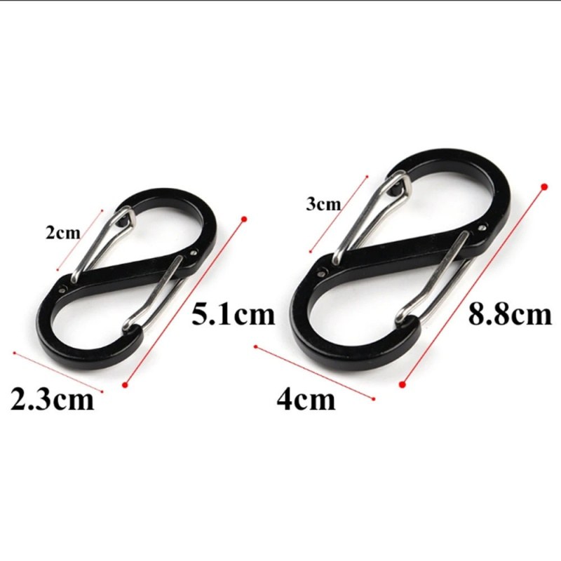 Aluminum carabiner keychain size chart showing 5.1 cm and 8.8 cm lengths