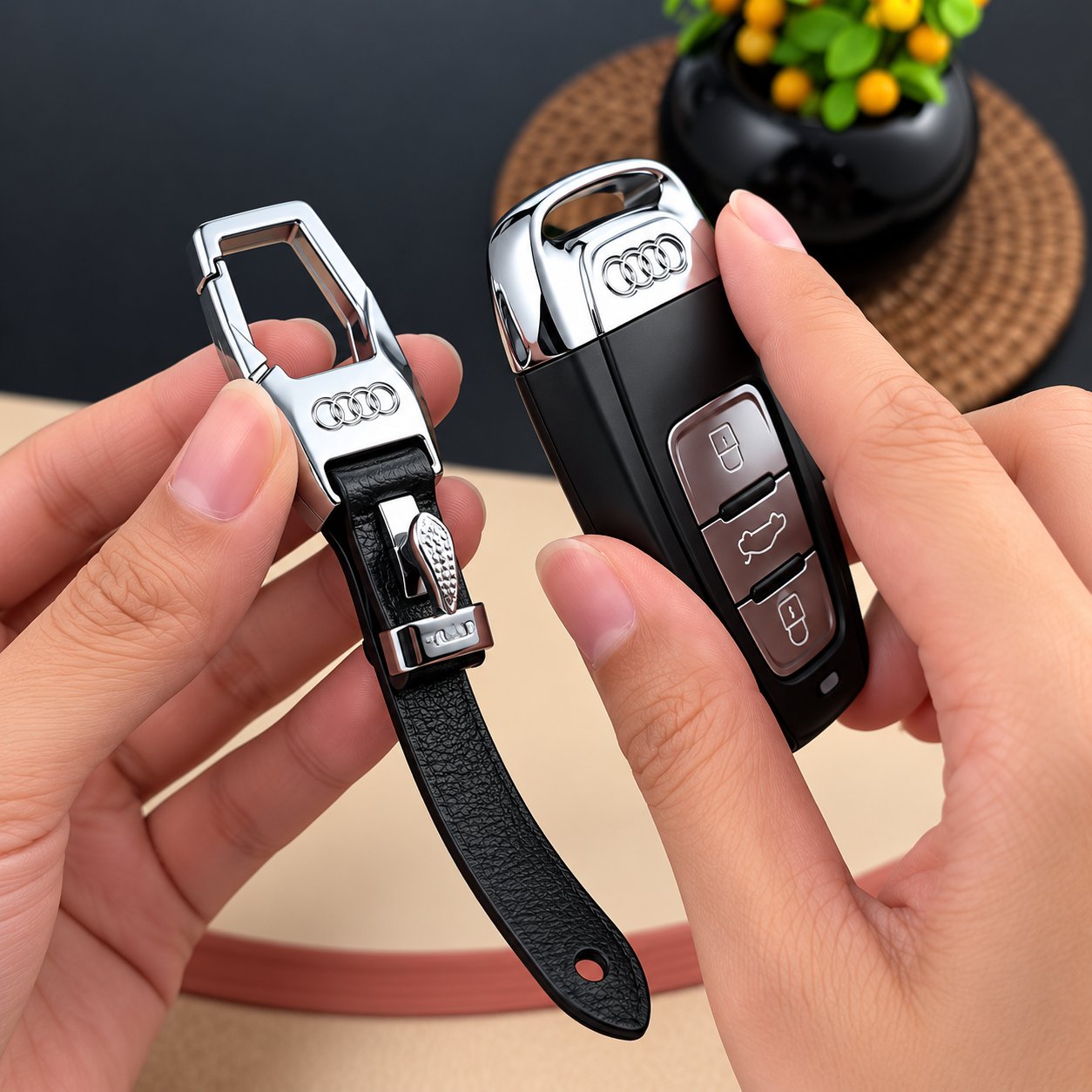 Hands holding an Audi smart key fob and a black leather key holder with a stitched strap, a metal charm and a silver ring