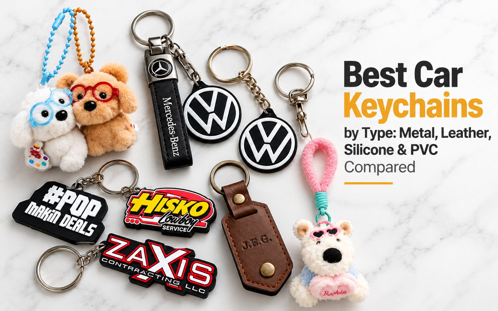 Car keychains in metal, leather, silicone and PVC including Mercedes-Benz, Volkswagen, #POP, HISKO and ZAXIS branded designs on a marble surface