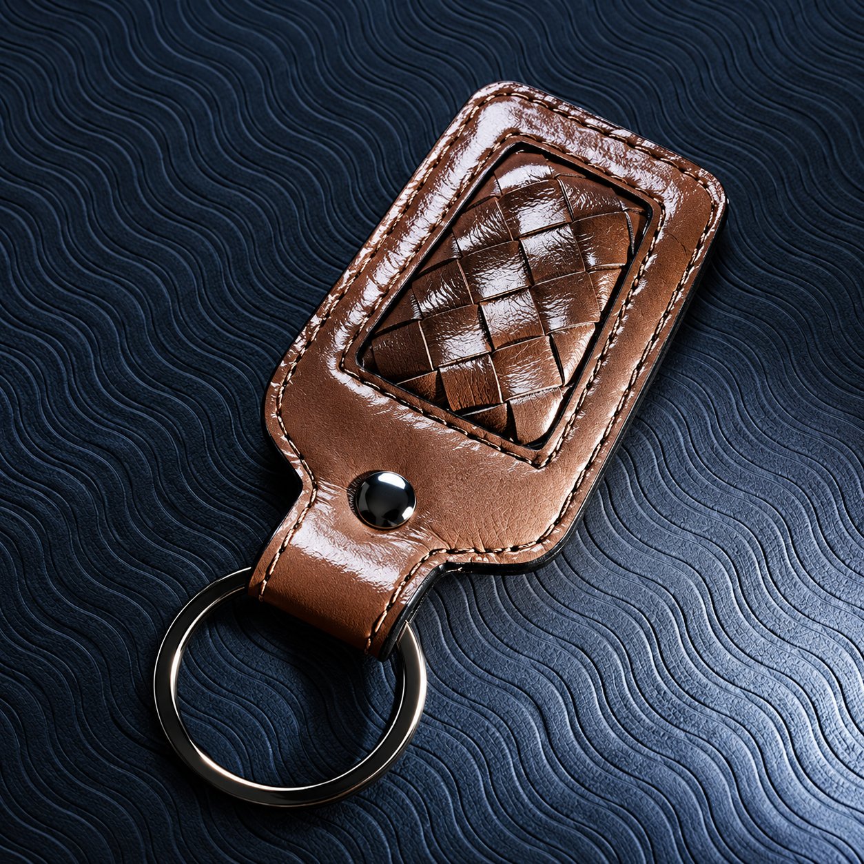 A brown woven and braided leather car keychain with a stitched edge, black rivet and polished metal split ring on a dark blue textured background