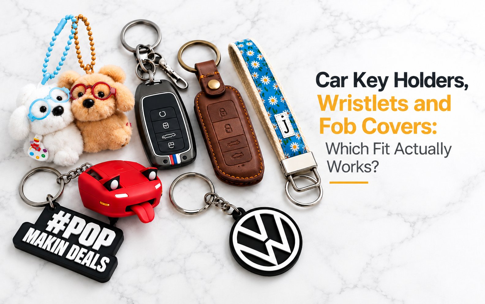 Car key holders, wristlets and fob covers arranged together, including a leather fob cover, a floral wristlet strap, a #POP keychain and a Volkswagen keychain