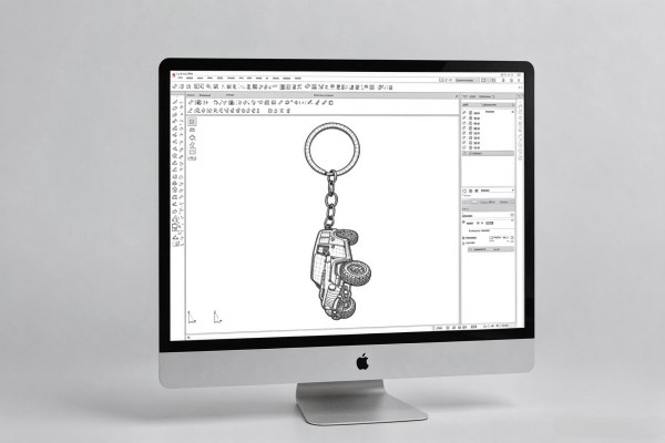 Custom car keychain 3D design proof on screen at the Huasan Custom Shenzhen factory