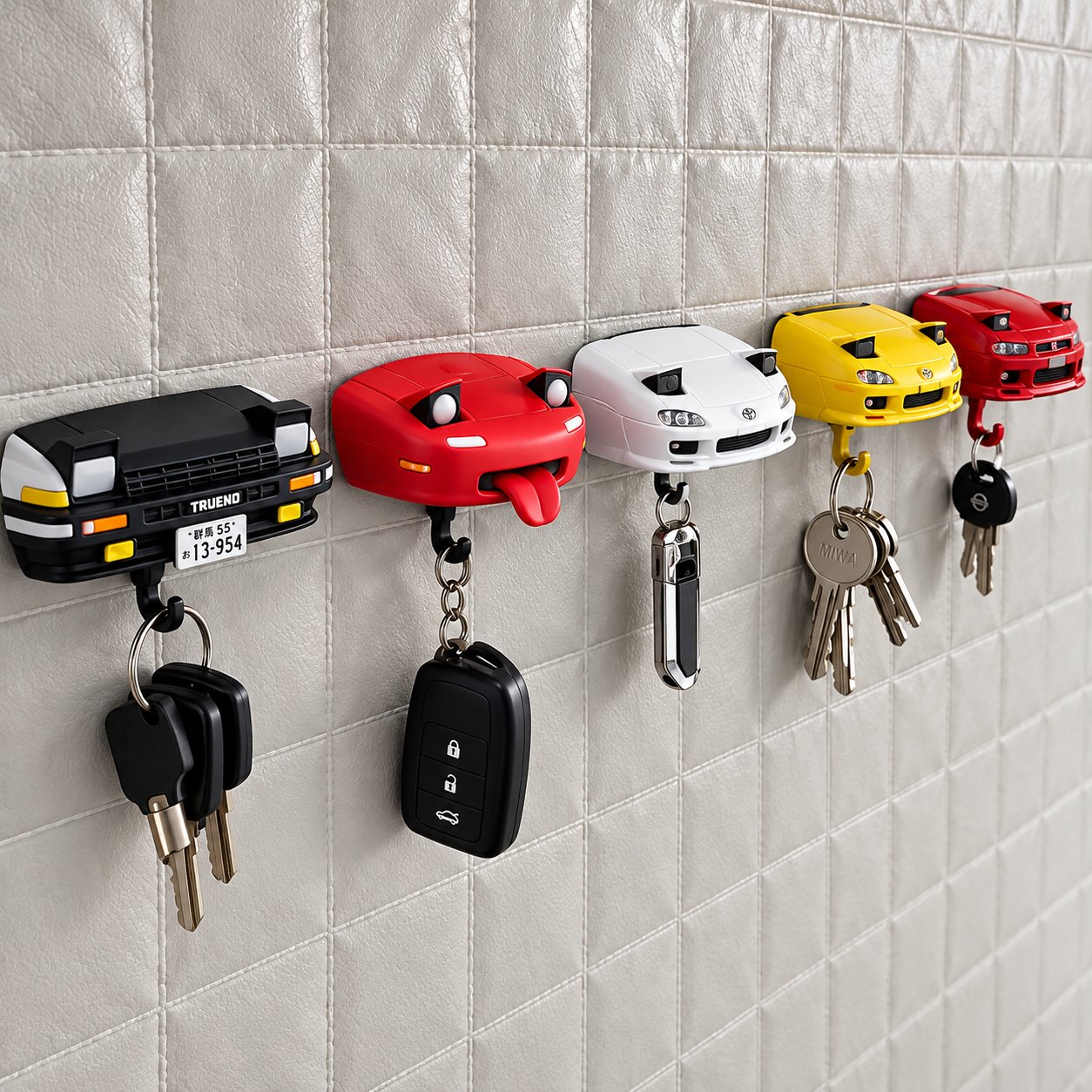 Five car-shaped wall-mounted key holders in black, red, white, yellow and red, modelled on a Trueno, a tongue-out cartoon car and Toyota sports models, each holding a set of keys