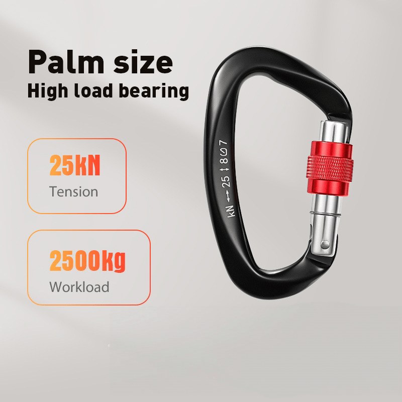 Carabiner keychain spec chart showing 25kN tension and 2500 kg workload