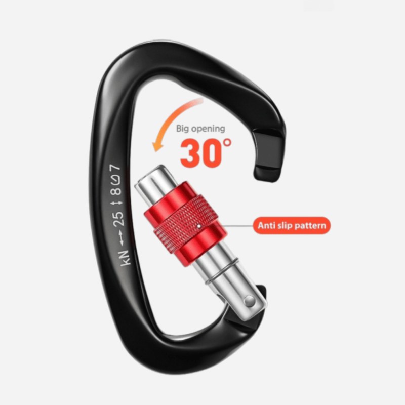 Carabiner keychain detail showing the 30 degree gate opening and knurled anti-slip nut