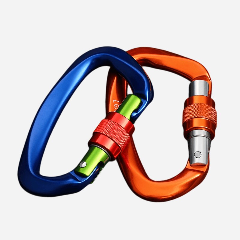 Carabiner keychains in lake blue and bronze orange with threaded nut locks