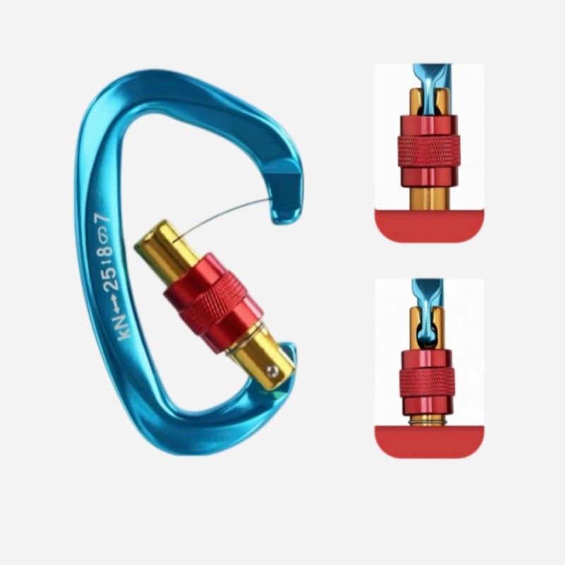 Lake blue carabiner keychain with close-ups of its gold screw-gate lock