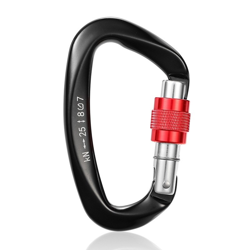 Matte black carabiner keychain with a red screw-gate nut