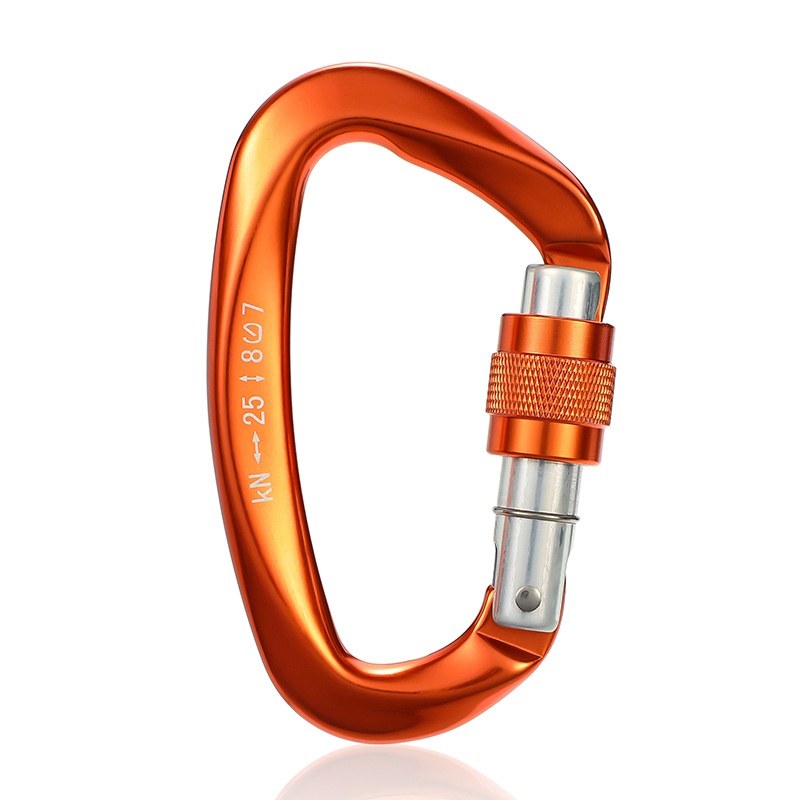 Bronze orange carabiner keychain shown at an angle on a grey background