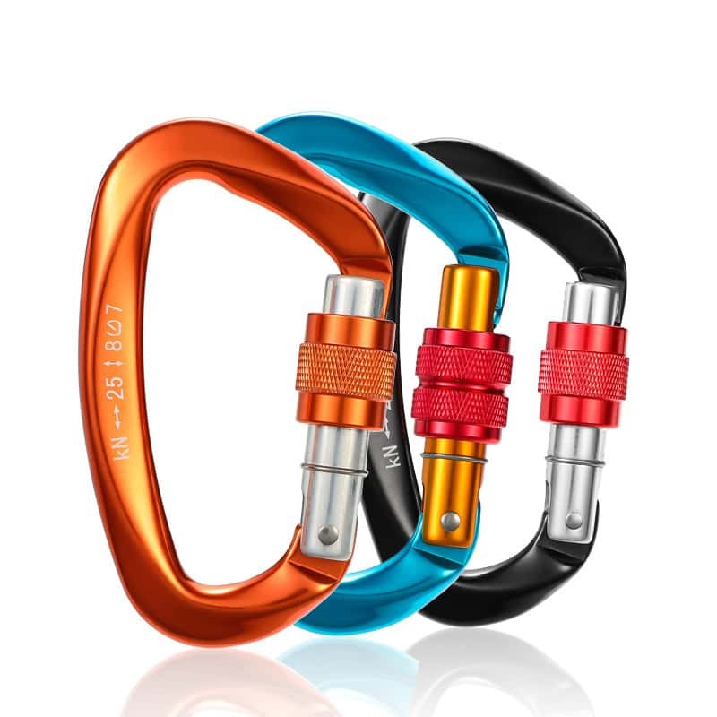 Carabiner keychains in bronze orange, lake blue and matte black standing in a row