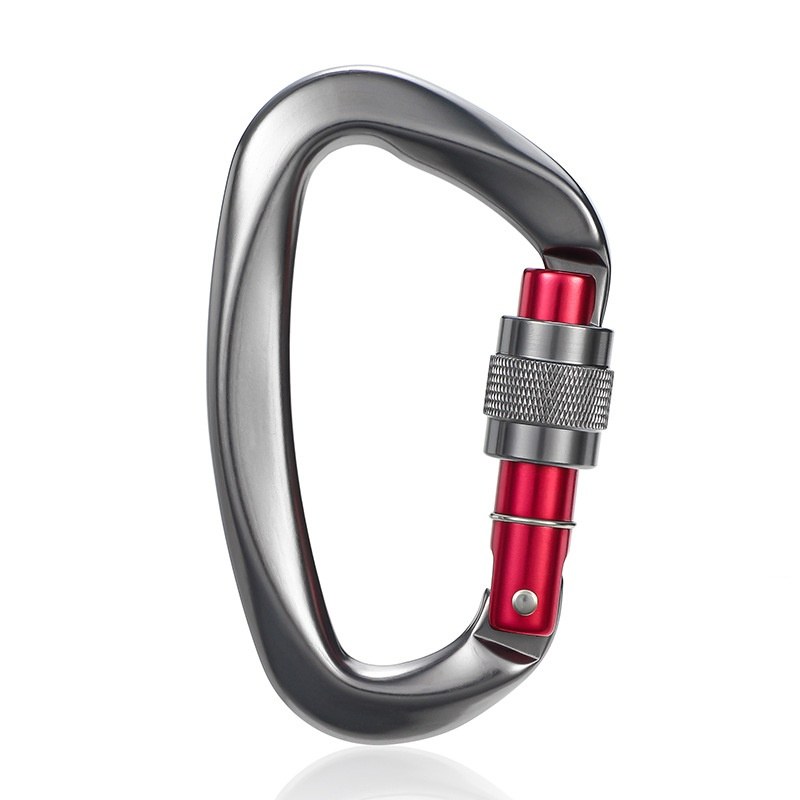Silver carabiner keychain with a red threaded screw-gate nut