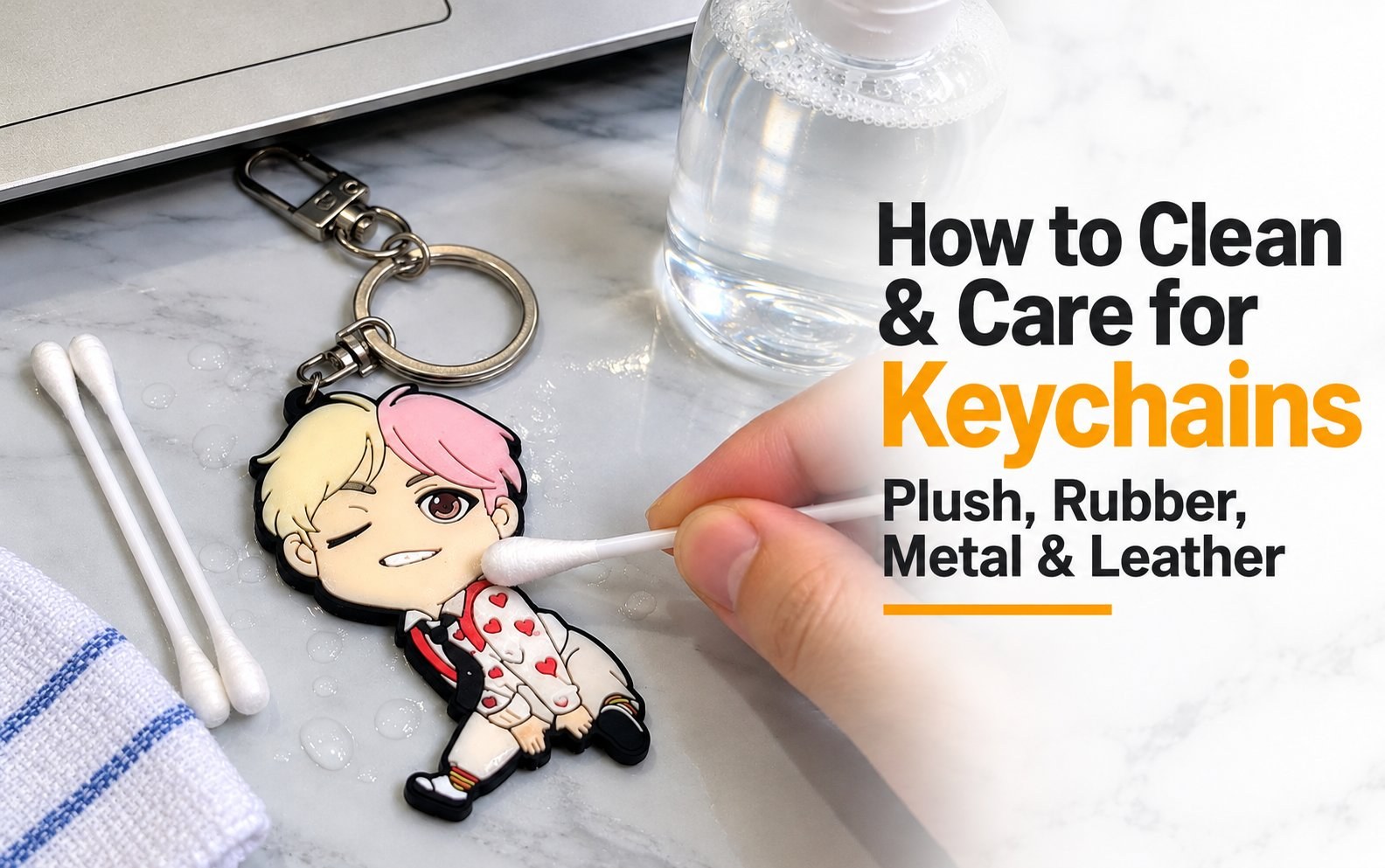 Cover photo: How to Clean and Care for Keychains - Plush, Rubber, Metal and Leather, over a hand cleaning a soft PVC figure keychain with a cotton swab beside soapy water and cotton buds.