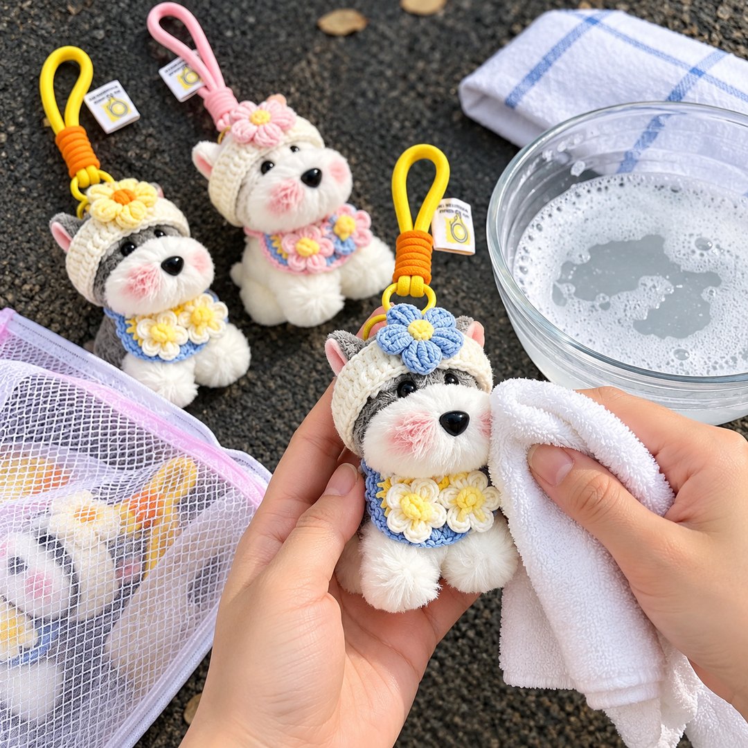 Hands wiping a knitted plush dog keychain with a soft white cloth beside a bowl of soapy water and a mesh laundry bag.