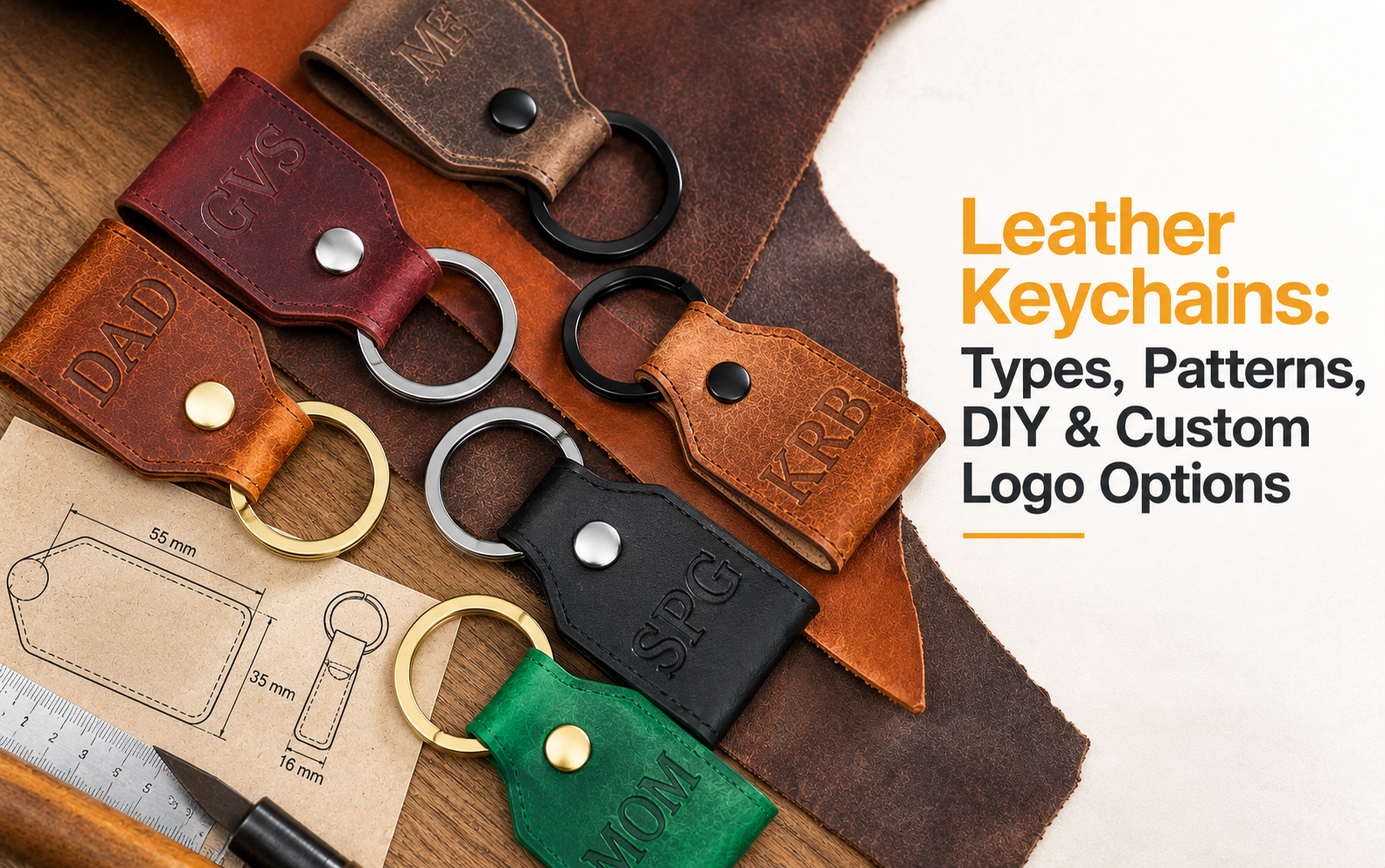 Leather Keychains types patterns DIY and custom logo options feature image with colored leather keychains