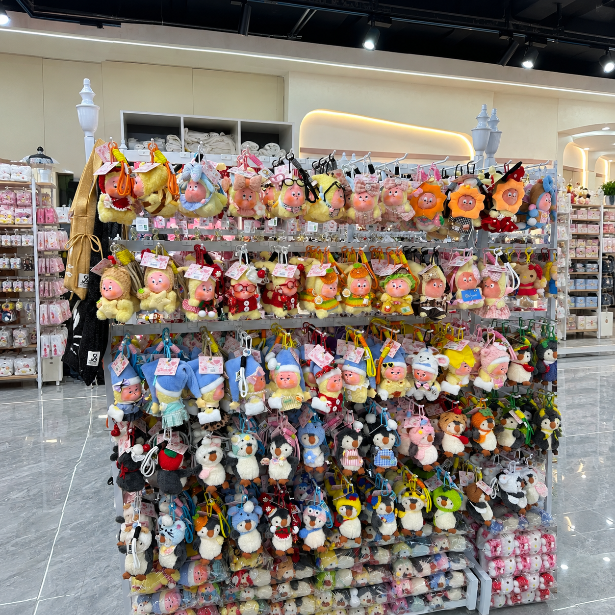 Retail store display with rows of plush keychains