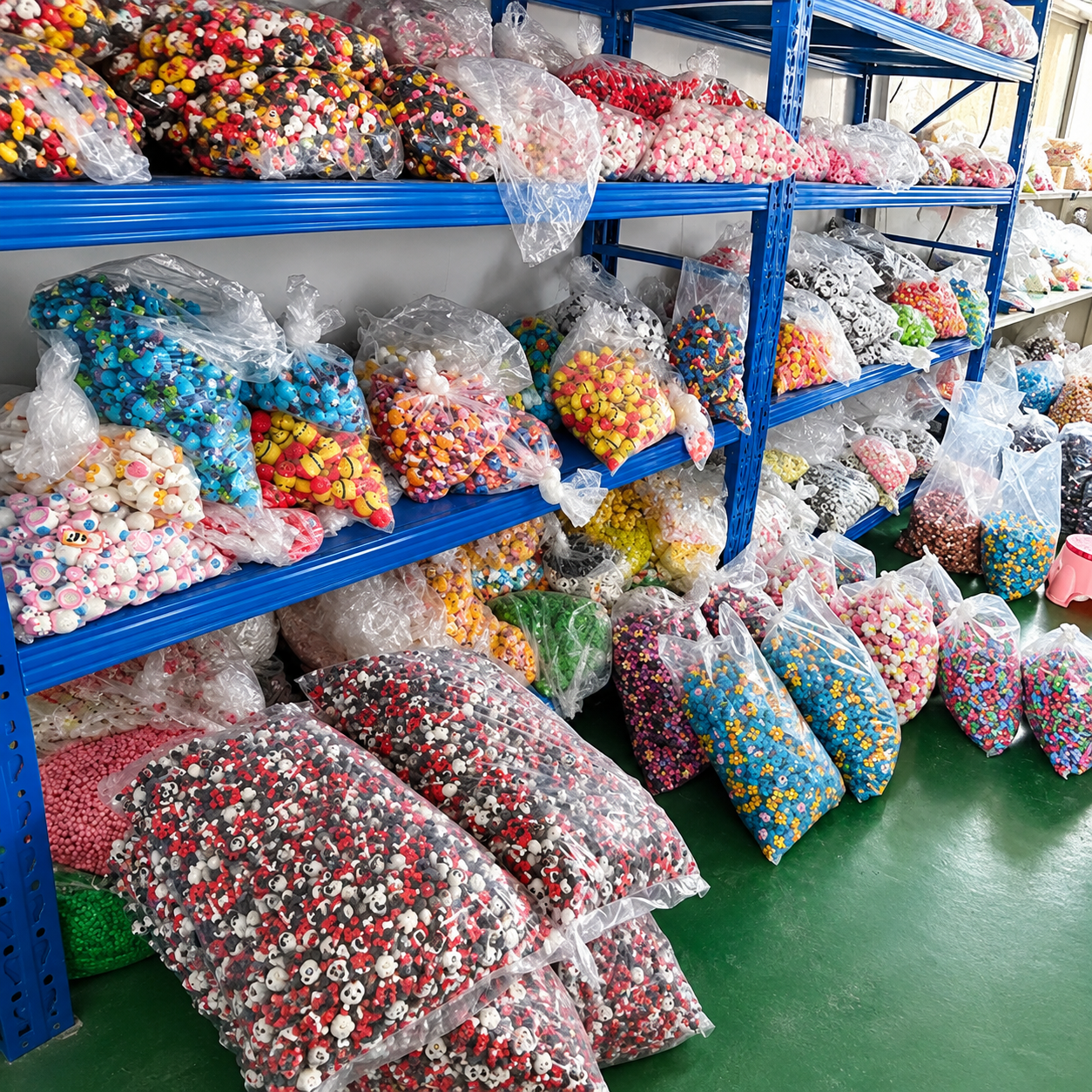 Factory storage shelves filled with bagged keychain components and inventory