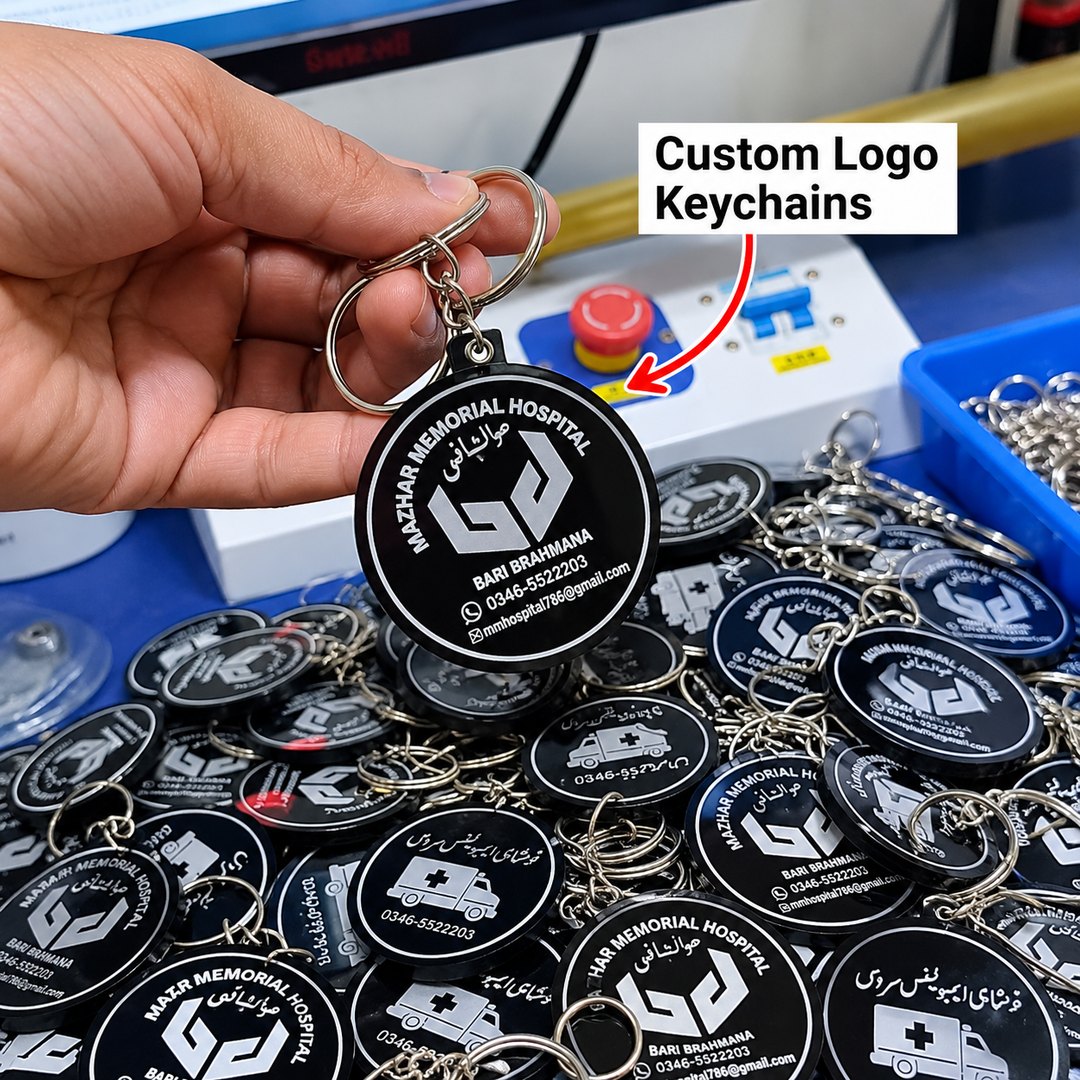 A hand holding a black epoxy keychain printed with a hospital logo and phone number above a stack of the same finished keychains.