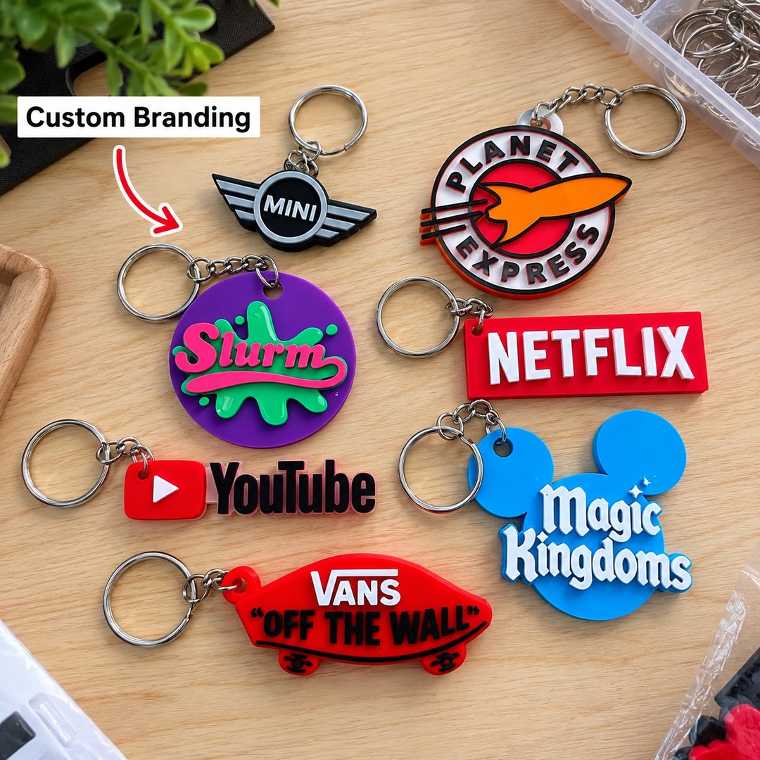 Custom PVC keychains made to the buyer's own artwork, from flat round shapes to fully molded 3D figures, each on a split ring.