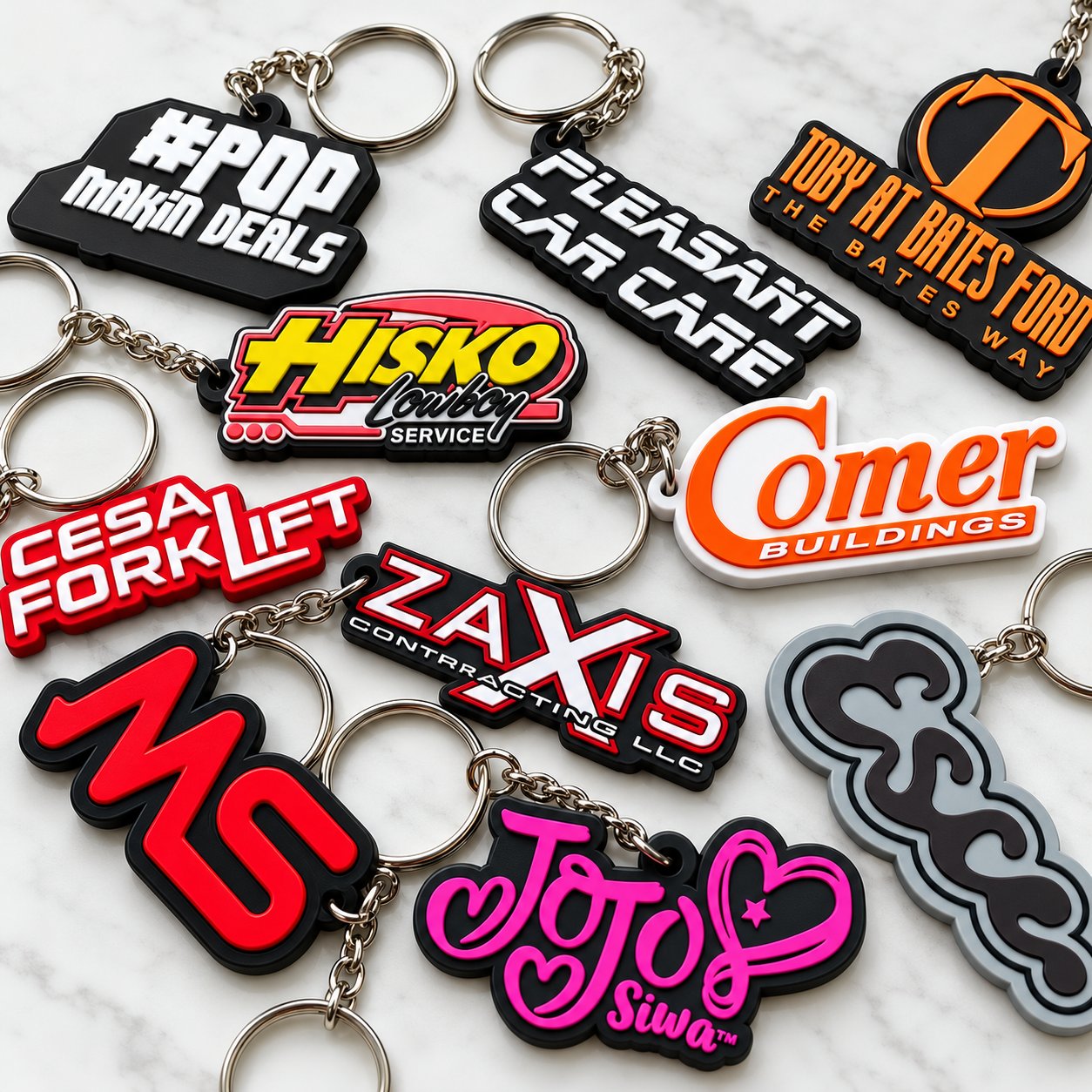 A group of custom soft PVC keychains with raised full-colour logos including #POP Makin Deals, PLEASANT CAR CARE, HISKO, ZAXIS and Toby at Bates Ford