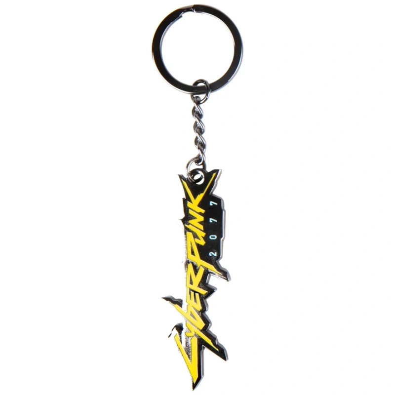 Cyberpunk 2077 keychain full hanging set with a twisted metal chain and a split key ring, 11.5 cm end to end