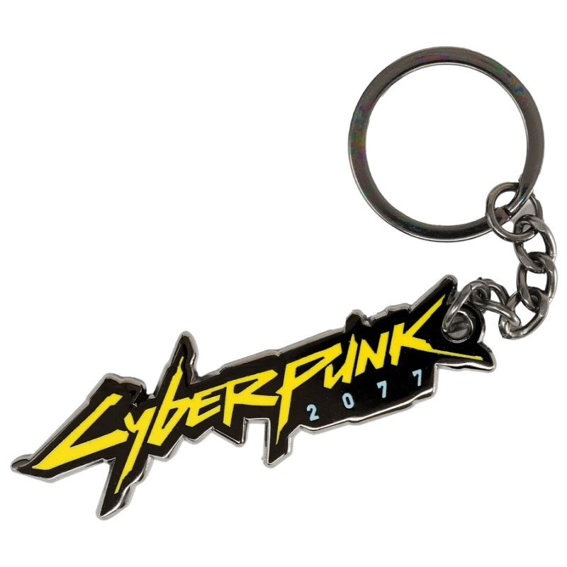 Cyberpunk 2077 keychain in die-cast metal with a black body, bright yellow logo letters and a metal key ring