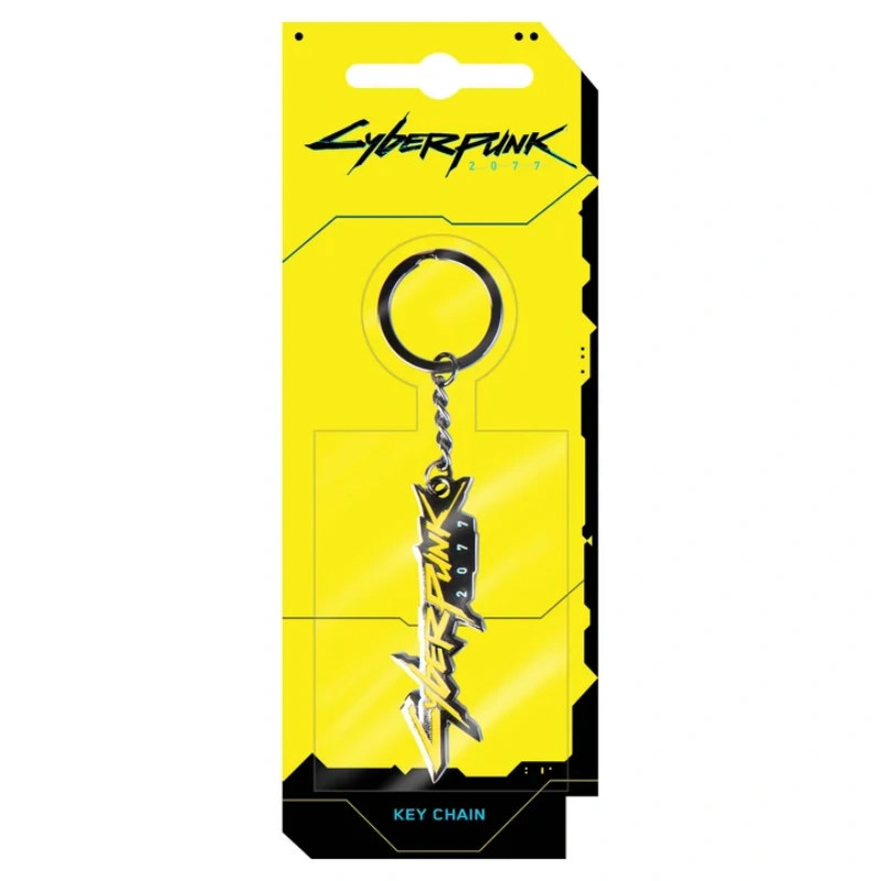 Cyberpunk 2077 keychain on a yellow retail blister card, ready for a store shelf