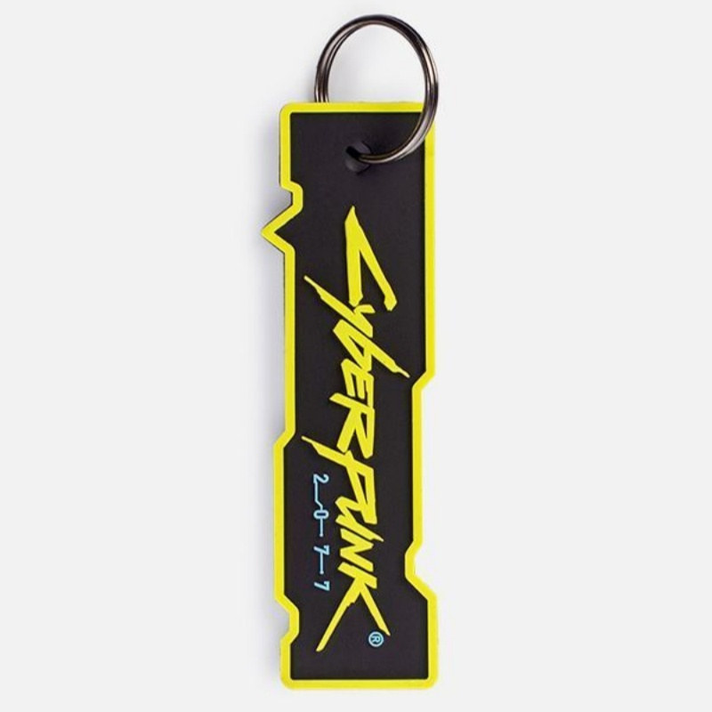 Cyberpunk 2077 keychain flat two-tone pendant style with a black body, yellow border and blue 2077 digits