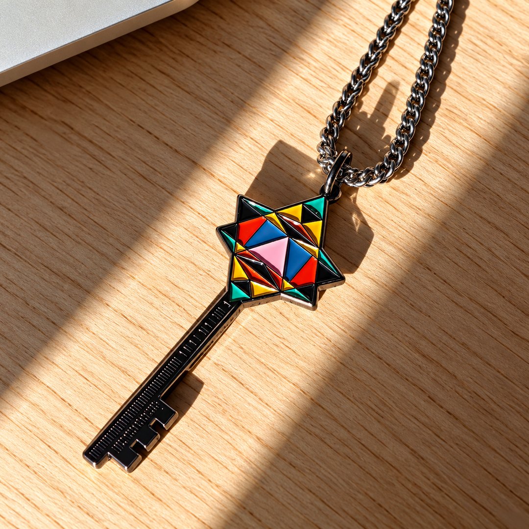 A black metal key-shaped pendant with a multicoloured geometric star in enamel, lying on a wooden surface in sunlight.