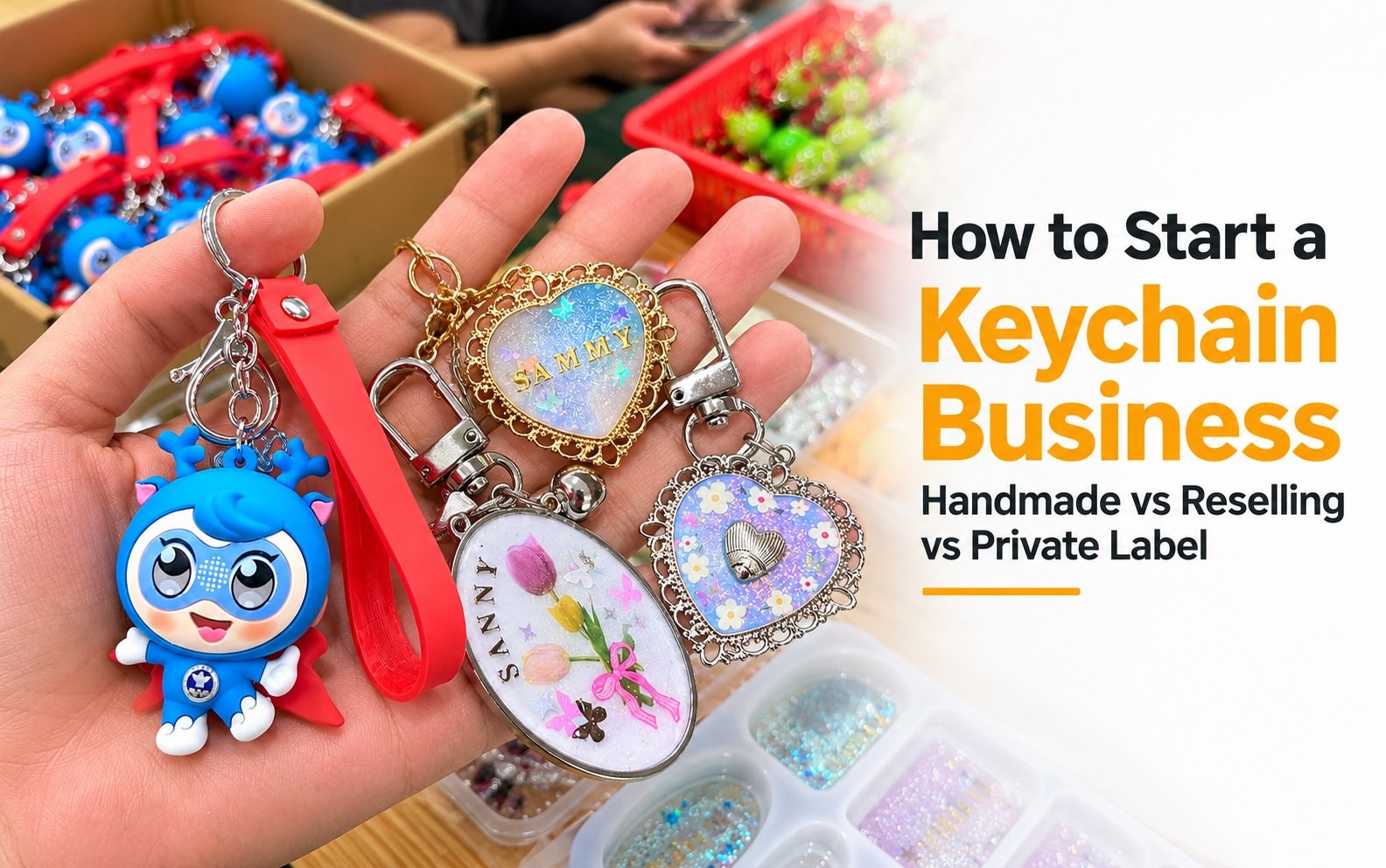 Cover photo: How to Start a Keychain Business - Handmade vs Reselling vs Private Label, over a hand holding handmade resin keychains beside trays of resin flowers and glitter in a craft workshop.