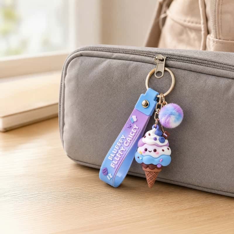 ice cream cone keychain clipped to a grey zipper pouch