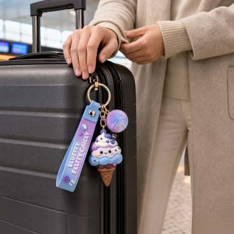 ice cream cone keychain hung on a suitcase handle at the airport