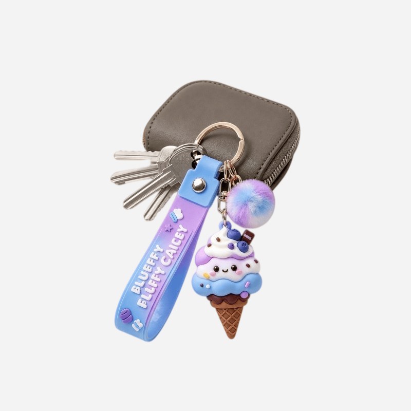 ice cream cone keychain on a leather zip pouch with keys