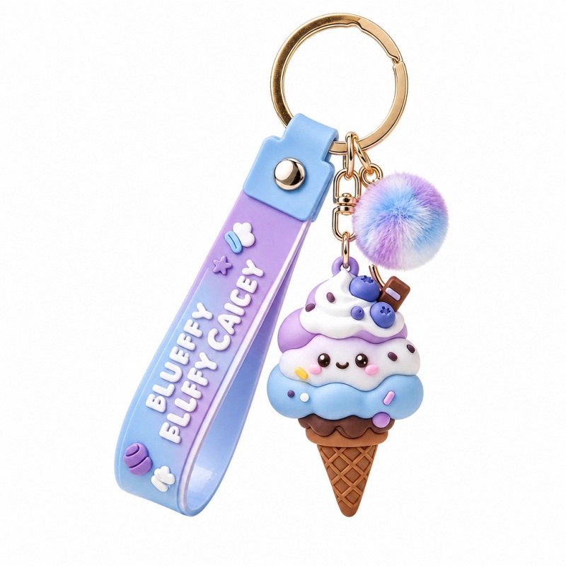 ice cream cone keychain full set strap pom and cone on white
