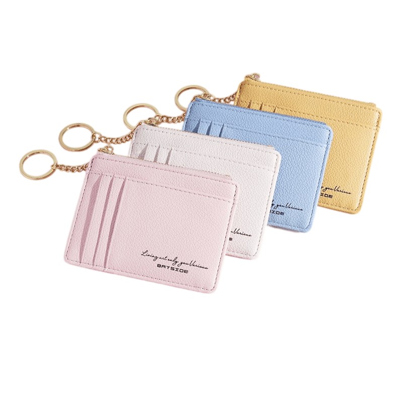 pink multi slot keychain card holder with gold zipper keyring and chain