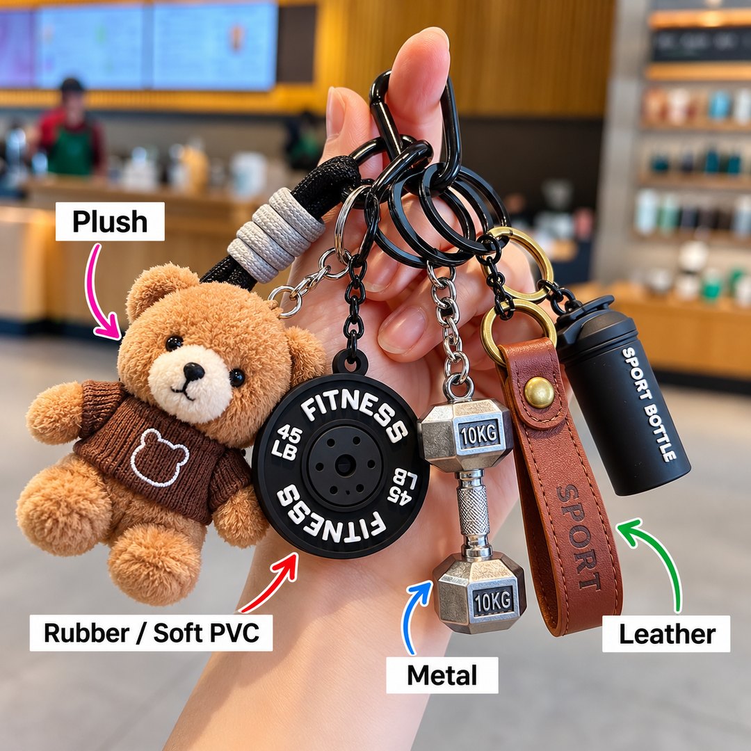 A keychain set labelled by material: a plush bear, a rubber weight plate, a metal dumbbell and a leather strap.