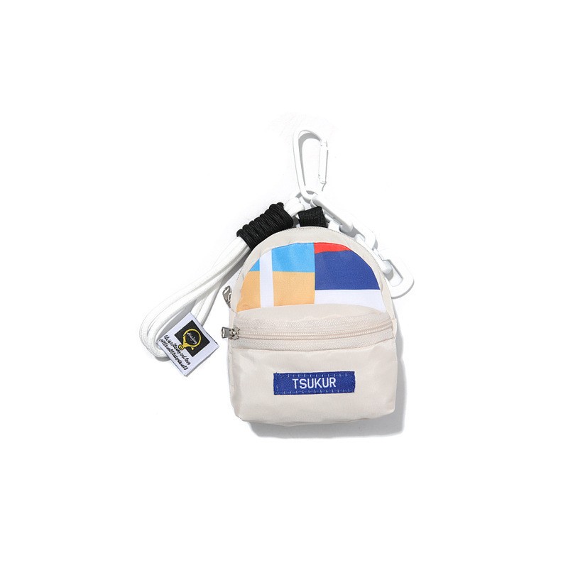 white keychain pouch with heat transfer print and woven label