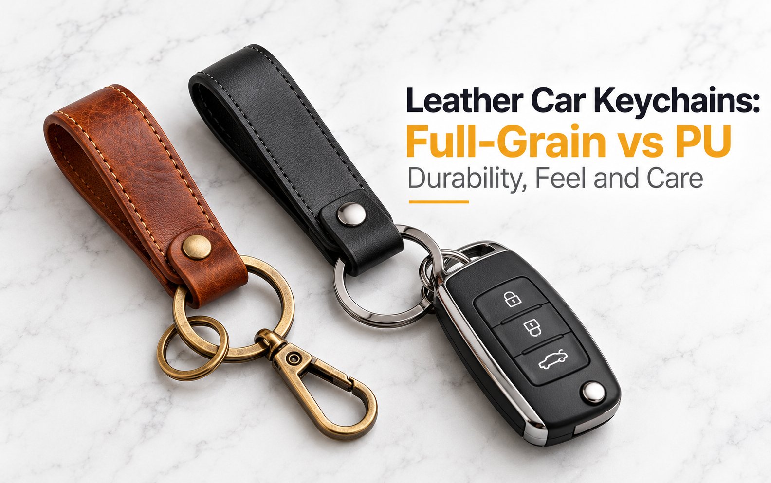 Brown full-grain and black PU leather car keychain loops with brass and silver split rings beside a black car key fob on marble