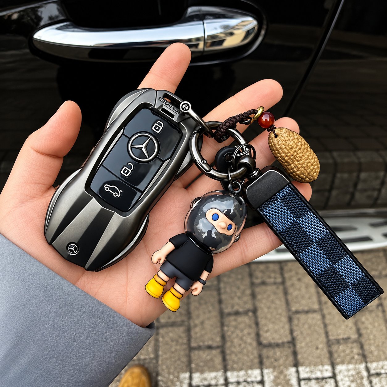 A hand holding a Mercedes-Benz smart key fob with a dark lanyard strap, a clear capsule charm and a woven bead charm attached on a split ring