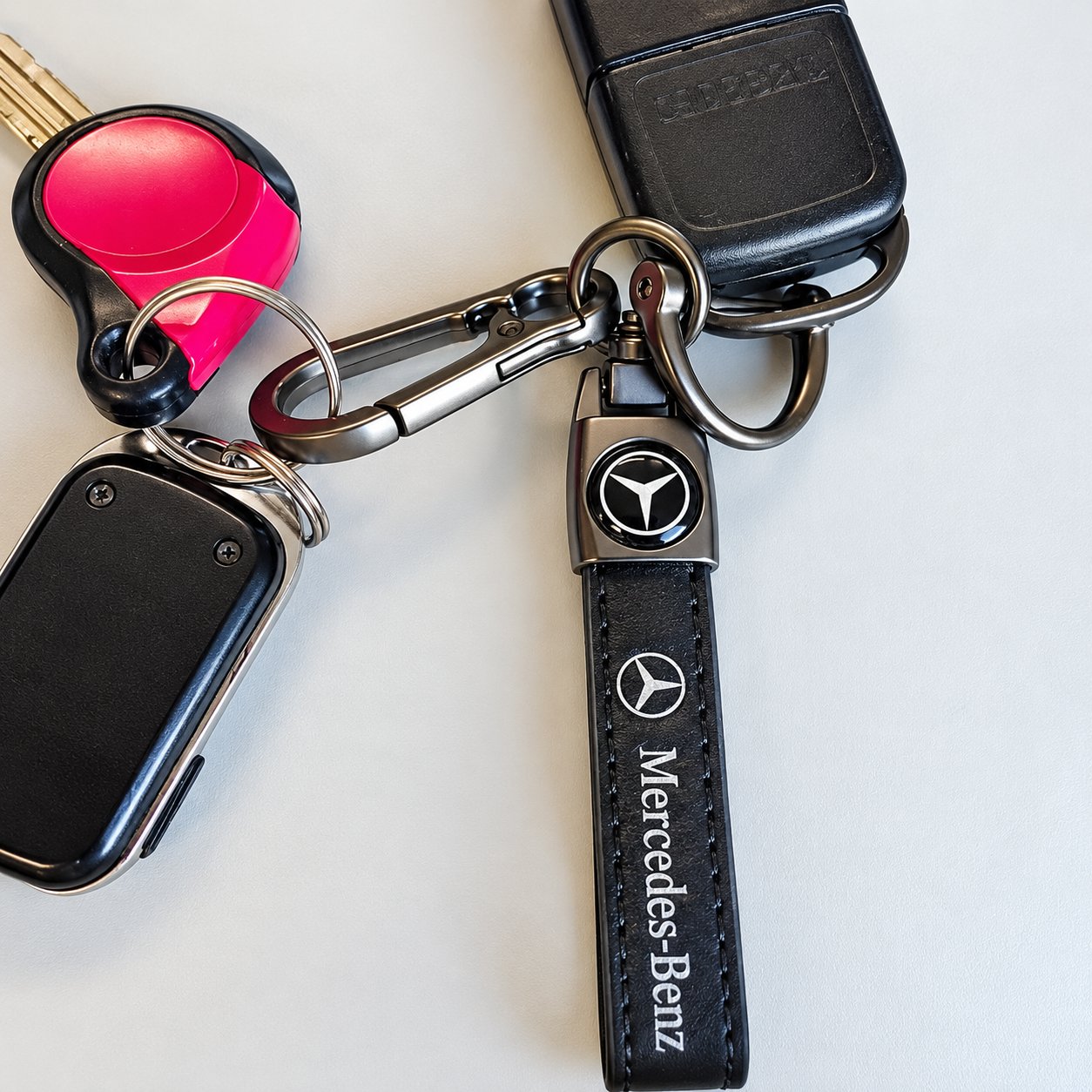 A black leather Mercedes-Benz keychain with a metal carabiner clip attached to a car key and fob on a white surface