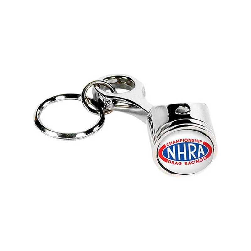 Chrome metal piston keychain with a custom drag racing championship badge