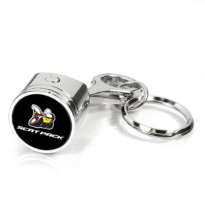 Metal piston keychain with a custom racing bee logo printed on the round face