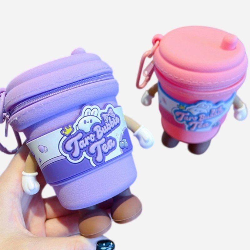 rabbit milk tea cup coin purse keychain in purple and pink