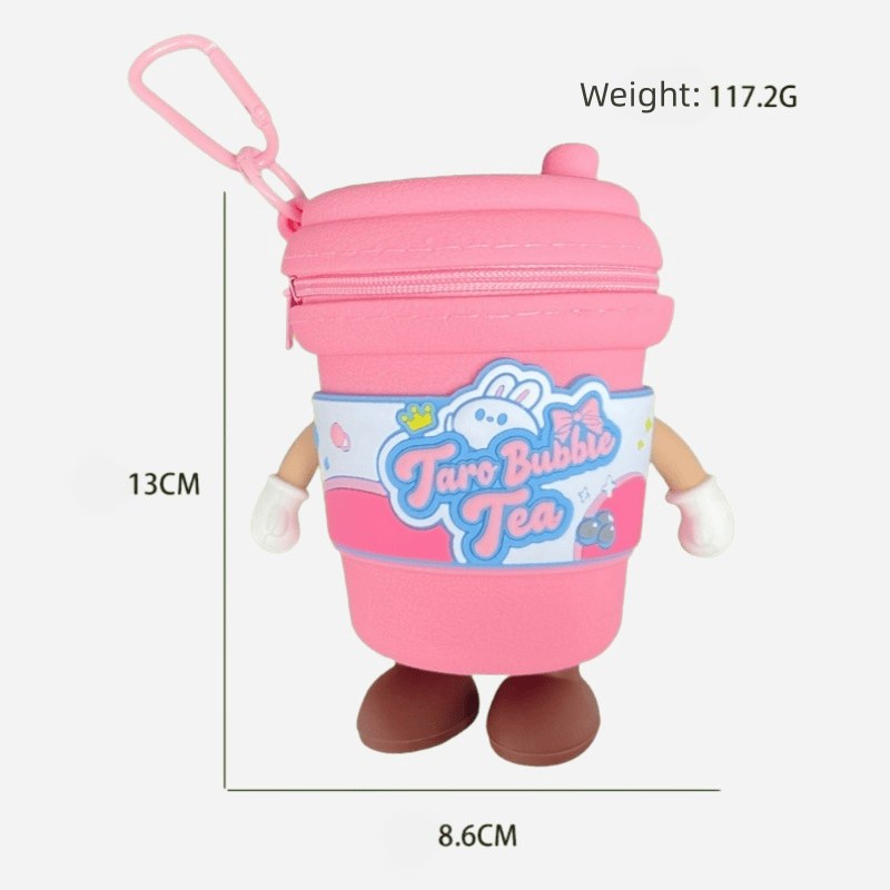 pink rabbit milk tea cup keychain with keyring clip