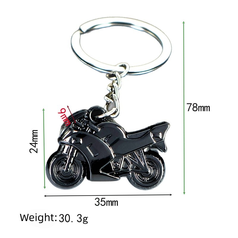 Motorcycle metal keychain size chart showing the 35 mm bike body and 78 mm total drop