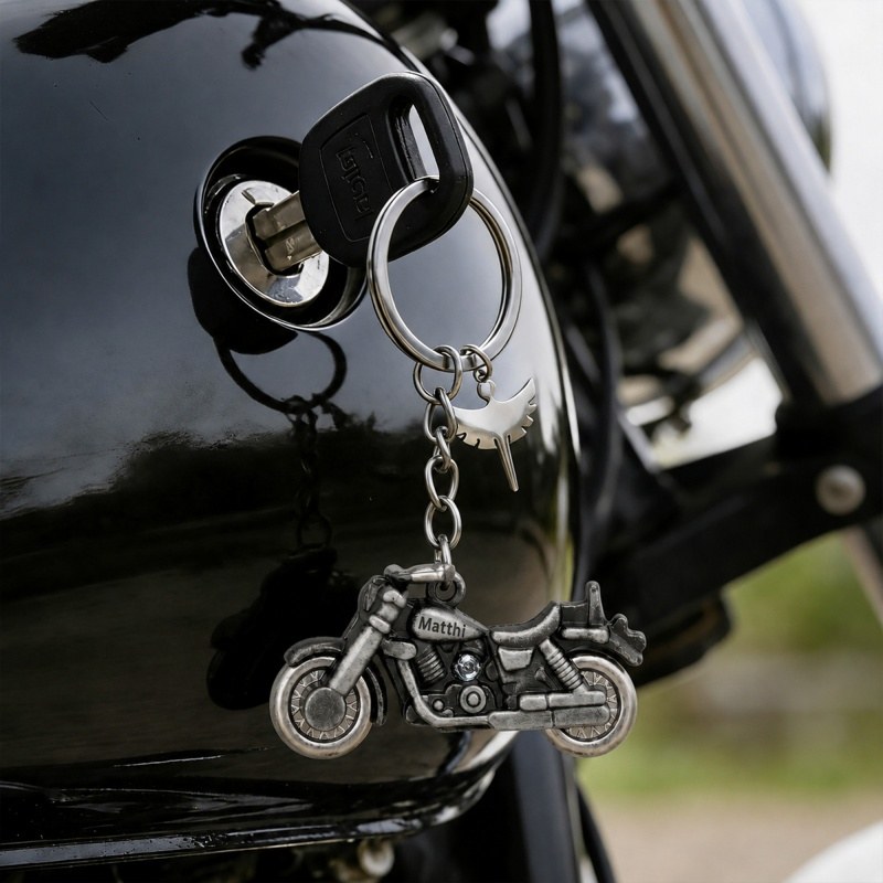Matte black motorcycle metal keychain hanging from its split ring