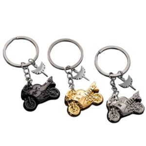 Motorcycle metal keychains in matte black, bright gold and bright silver with the angel-wing charm