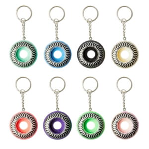Eight spitfire wheel keychains in mixed colors arranged in two rows on white