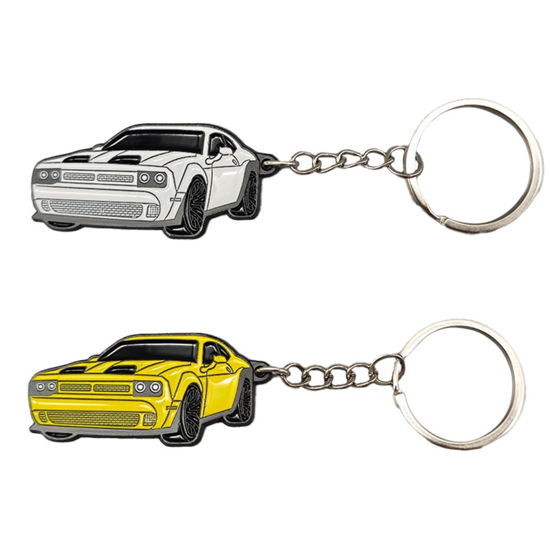 Muscle car keychain: white and yellow muscle car pair