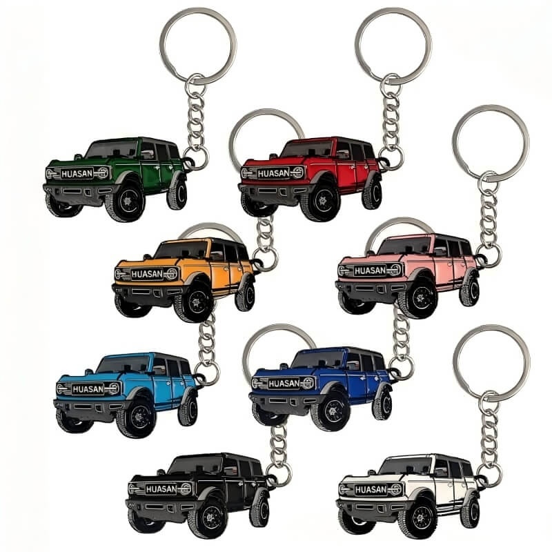 Off-road SUV keychain: eight color options on a white background